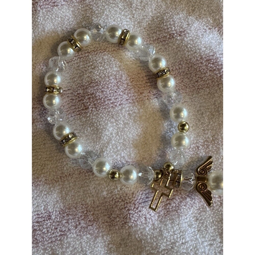 Religious Pearl Crystal Stretch Bracelet Gold Cross Angel Charm Rhinestone